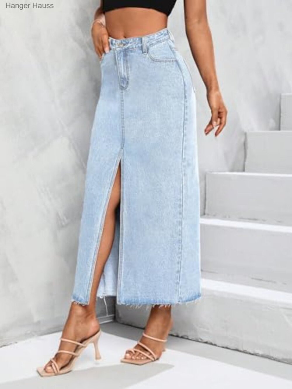 High Waist Stretch Maxi Denim Skirt Front Split Frayed Raw Hem A Line - Picture 3 of 7